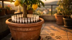 Plastové vidličky pri citrónovníku: jednoduchý trik, ktorý zastaví hrabanie v kvetináči
